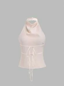 Sweetra Elegant Tied Bandage Halter Backless Crop Top - Apricot - View 2