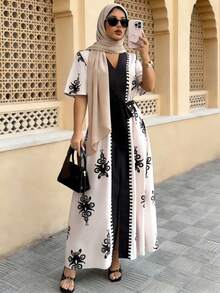 Elenzga Vestido largo con estampado floral de manga larga con cinturón y cuello en V para mujer, elegante y casual, adecuado para citas, Año Nuevo, San Valentín, Pascua, Día de la Madre, festivales de música, bodas en Oriente Medio, ir al trabajo, vacaciones, color rosa pálido - Rosa Pálido - Ver 1