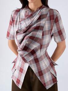 LYSMO 女士格子荷叶边休闲日常短袖衬衫 - 紅白色 - 查看 3