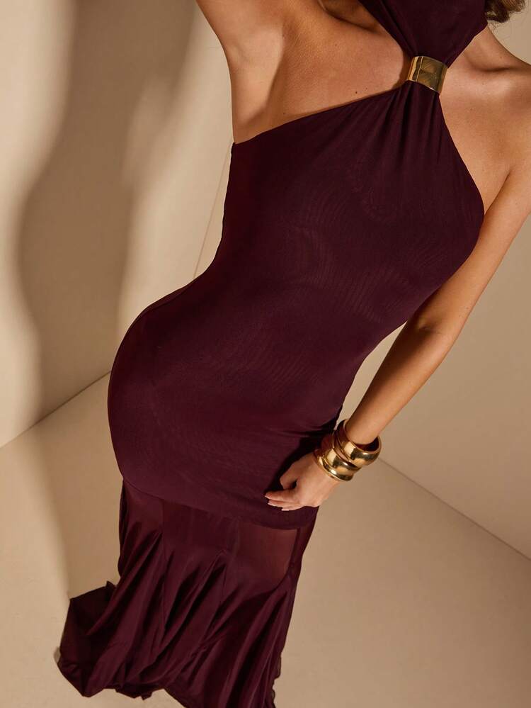 SHEIN BAE فستان نسائي أرجواني ثابت بتصميم هالتر مزين بإبزيم معدني، فستان أنيق لضيوف الزفاف، فستان عيد ميلاد، فستان أنيق - الأرجواني - مشاهدة 6