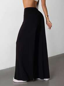 SHEIN PETITE 女士高弹力阔腿黑色长裤 - 黑色 - 查看 2