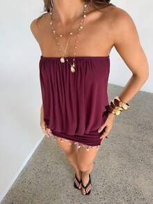 Aloruh Đầm ngắn dệt kim không dây màu tím, đầm ngắn tua rua phong cách Bohemian cho kỳ nghỉ, đầm màu trơn phong cách lễ hội âm nhạc Y2K. - Màu đỏ tím - Xem 9