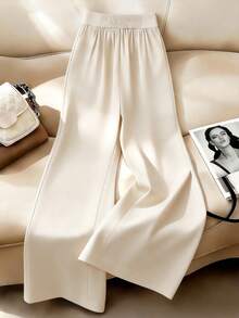 SHEIN Franclia Women's Elegant Commuter Pearl Embellished Wide Leg Pants - Apricot - View 2