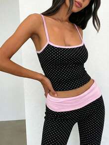 SHEIN EZwear 夏季粉色撞色黑白波点印花吊带背心和裤子套装 - 彩色 - 查看 5