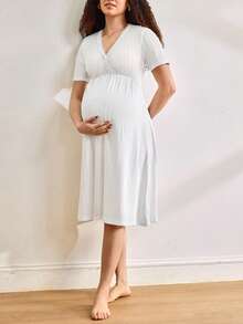 Moonlight&Mama 孕妇纯色V领短袖休闲连衣裙 - 白色 - 查看 7