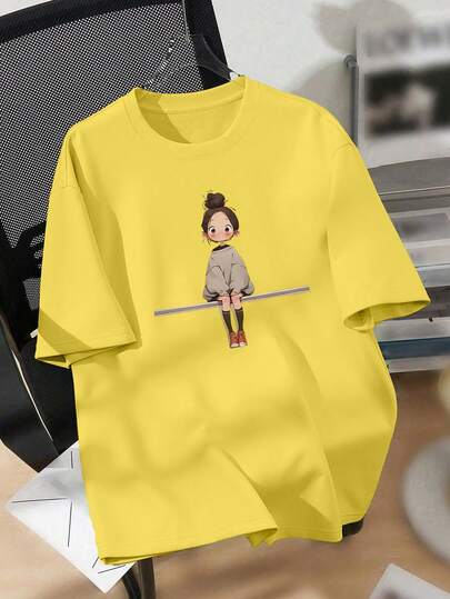 EMERY ROSE Camiseta ajustada casual de mujer de talla grande con imagen impresa de una niña pequeña sentada en una silla usando un abrigo acolchado, verano