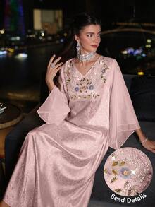 Layrah Vestido de fiesta elegante de mujer con cuello en V, patrón floral de lentejuelas y cintura ceñida - Rosa - Ver 5