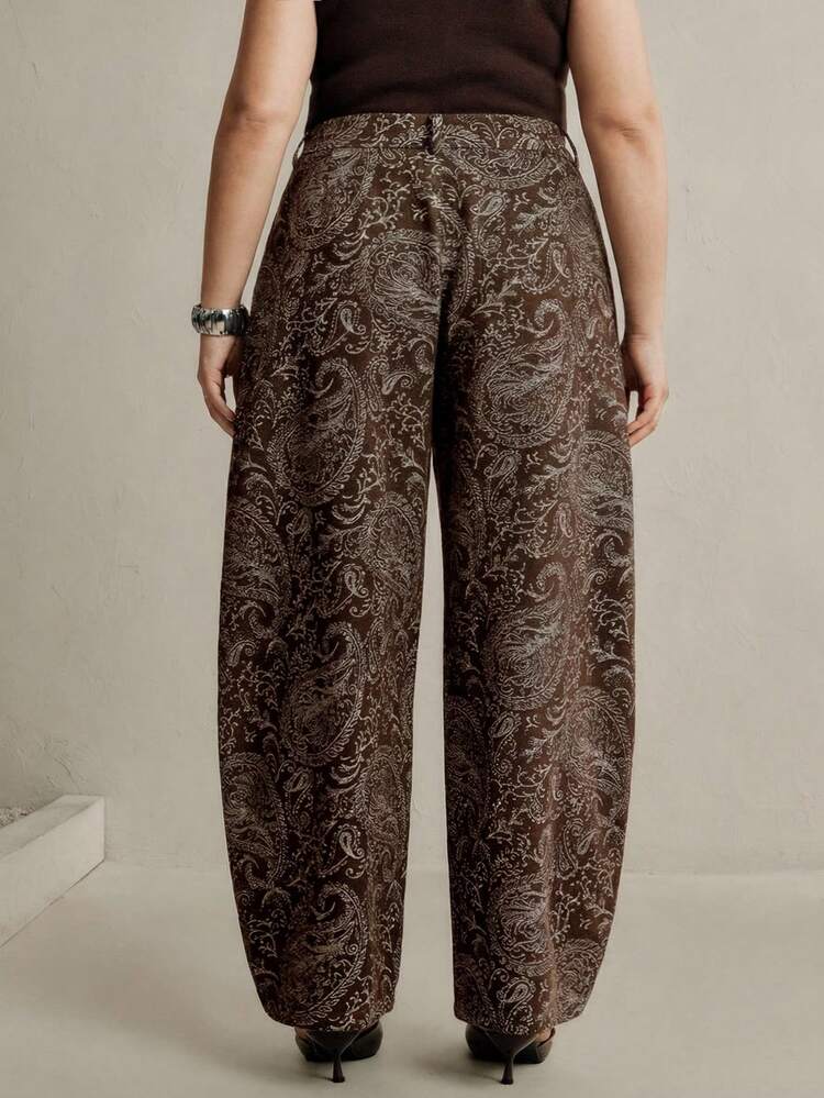 Modern Design Digital Print Casual Curved Blade Coffee Color Pants, High Waist Loose Slimming Versatile Straight Leg Trousers For Women, Spring/Autumn New Arrival, Plus Size