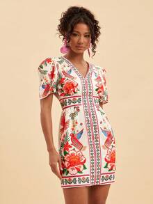 Travachic Vestido corto de verano con estampado tropical de loro, mangas de pétalos y cintura ceñida para vacaciones en la playa - Multicolor - Ver 5