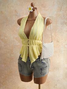 Mistrie 女士提花针织性感露背吊带背心，度假必备 - 淡黃色 - 查看 4