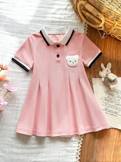 SHEIN Vintaside Kids 1pc Baby Girl Pink Pearl Fabric Dress, Ribbed Collar & Cuffs, Suitable For Casual, Outdoor, Sports, Party