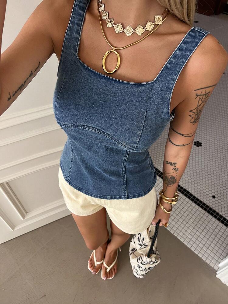 Women's Summer Square Neck Strap Denim Crop Top, Backless With Bow Decor, Casual Denim Camisole