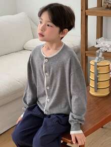 Dazy Kids Tween Boy Crew Neck Contrast Trim Front Button Long Sleeve Sweater Spring - Grey - View 7