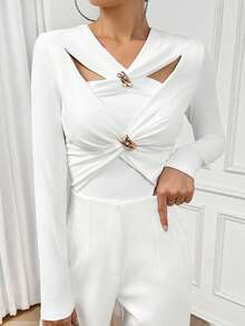 Firerie 前扭結鏤空T恤 - 白色 - 查看 5