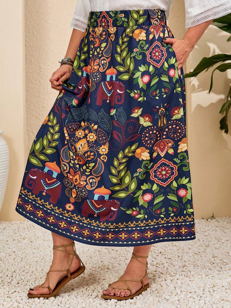 Plus Size Women Plant Print Casual Skirt Boho Skirts For Women Long Summer Skirt Bohemian Skirt  Summer Outfits Summer Clothes  Spring  Spring Outfit Women Spring Clothes Beach Vacation Outfits For Women Bohemian
