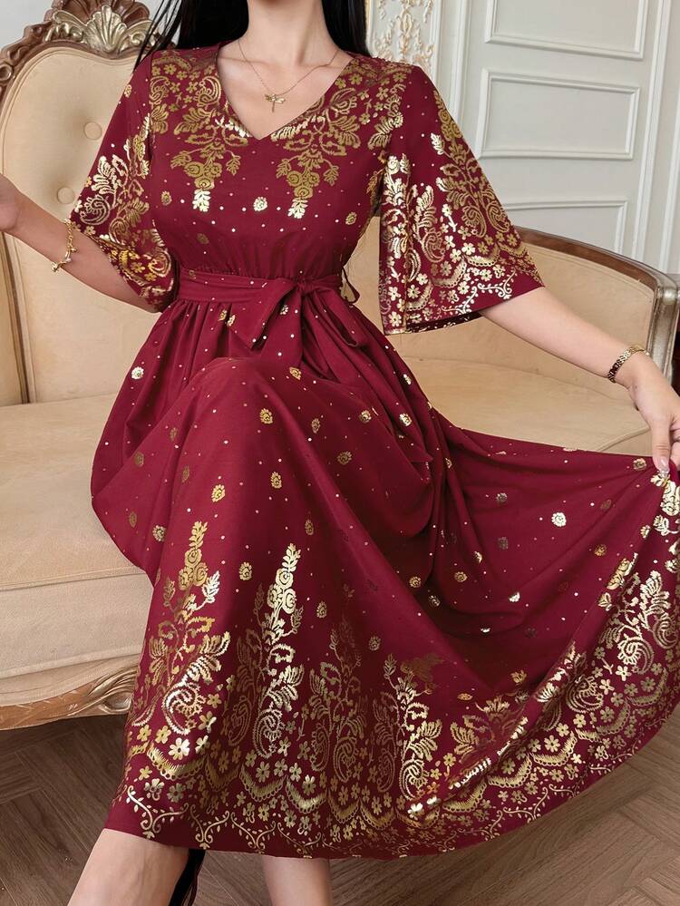 Women's Elegant Floral Print V-Neck Belted Mid-Length Dress, Suitable For Spring And Summer Boho