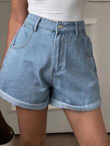 Livesso Quần short denim dáng rộng, trơn, có túi, thích hợp cho mùa hè. - Màu xanh lam - Xem 6