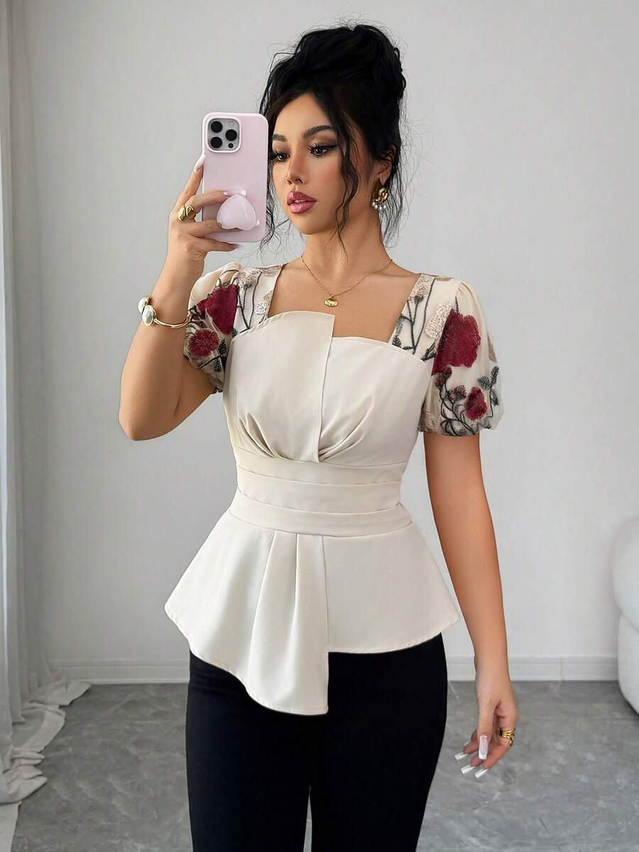 SHEIN Clasi Women's Beige Summer Elegant Tea Party Square Neck Rose Flower Embroidery Mesh Patchwork Ruffle Fit And Flare Regular Short Sleeve Blouse,Apricot - Apricot - View 1