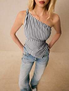 Poéselle Women's Striped Asymmetric Hem Sleeveless Top - Black and White - View 4