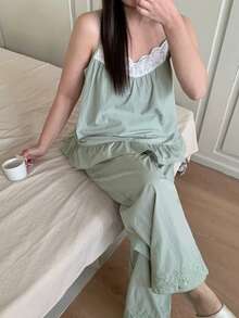 Dazy Plus 2pcs Cute Contrast Lace Loose Camisole & Long Pants Pajama Set, Spring/Summer - Mint Green - View 9