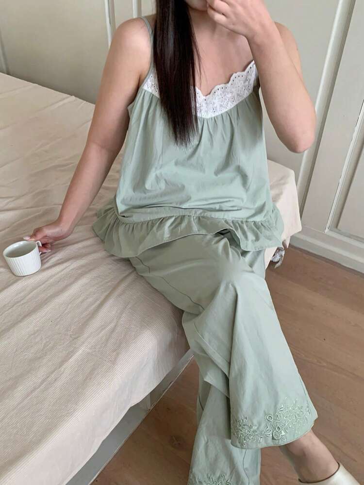 Dazy Plus 2pcs Cute Contrast Lace Loose Camisole & Long Pants Pajama Set, Spring/Summer