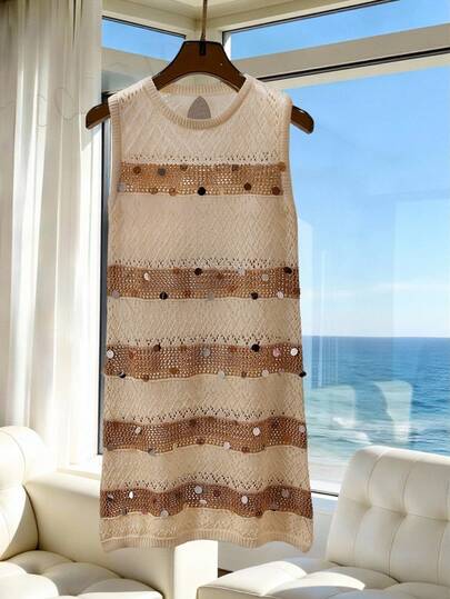 GlowEve 圆领镂空纹理亮片撞色条纹无袖H字型针织连衣裙，通勤风格，女士春夏款