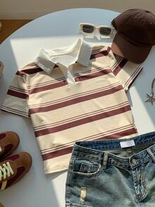 Comfortcana Áo thun polo cổ bẻ dáng ôm in họa tiết phối màu retro mới về mùa xuân/hè 2026 dành cho nữ, thích hợp mặc đi chơi hoặc đi nghỉ mát. - Nhiều màu - Xem 5