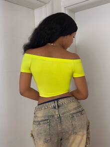 StreetHx 街头风女式字母印花露肩短袖T恤 - 黃色 - 查看 3