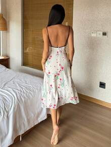 DAZY 女士优雅撞色滚边碎花无袖V领收腰中长睡裙，夏季 - 白色 - 查看 2