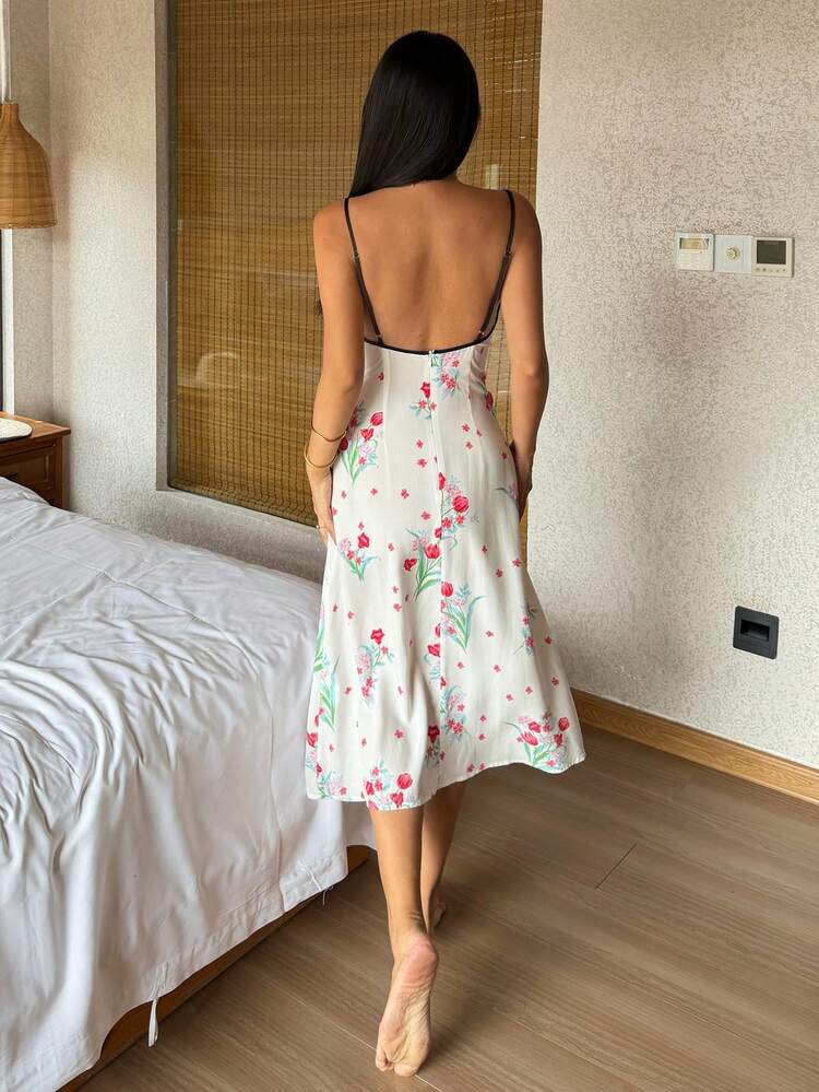 Women's Elegant Contrast Trim Ditsy Floral Sleeveless V-Neck Cinched Waist Midi Nightgown, Summer