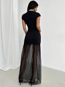 Firerie 女士优雅简约时尚通勤休闲圆领紧身网纱透视下摆黑色毛衣连衣裙，适合春夏穿着 - 黑色 - 查看 2