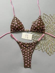 Swim Mod Women's Spring/Summer New Polka Dot Print Toothpick Cloth Rope Backless Triangle Bikini Set, Sweet Beach Outfit - Multicolor - View 2