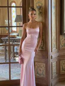 Aloruh 浪漫粉色露背连衣裙，性感吊带鸡尾酒会礼服，情人节必备 - 粉色 - 查看 3