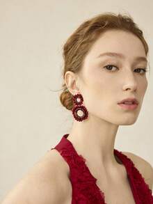 MOTF PREMIUM PRE HANDMADE RED DIAMOND DOUBLE RING EARRINGS - Red - View 3