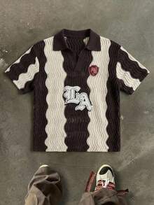 Manfinity Homme 男士 Polo 领波浪条纹撞色拼接街头风短袖 Polo 衫，春夏度假男士 Y2K 服装钩针针织衫 Y2K 针织衬衫 男士钩针衬衫 - 咖啡棕 - 查看 2