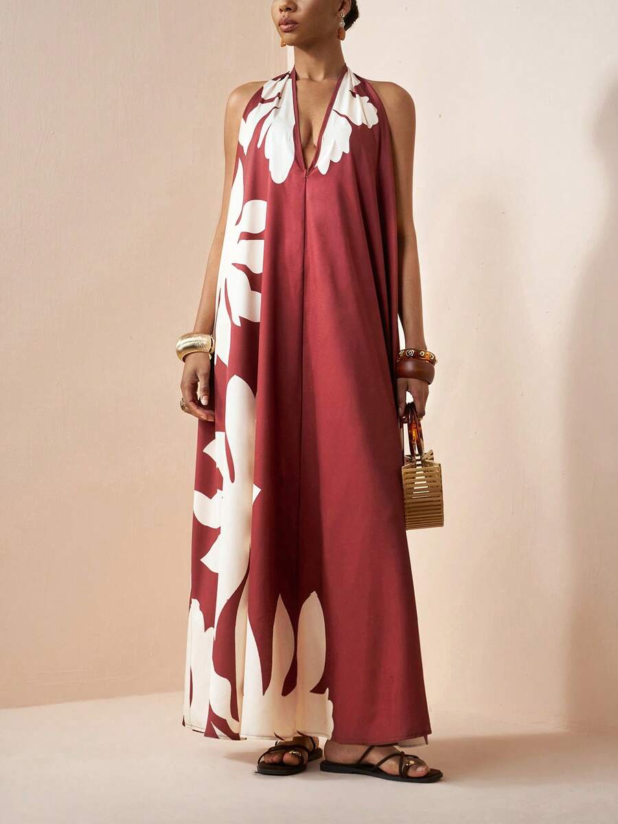 Zivah Đầm nữ kiểu dáng thường ngày in hình cây cỏ, hở lưng, thích hợp cho kỳ nghỉ.