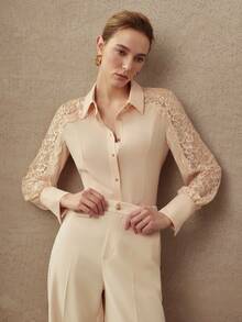 MOTF PREMIUM ELEGANT CONTRAST LACE FITTED BLOUSE, SPRING/SUMMER - Coral Pink - View 8