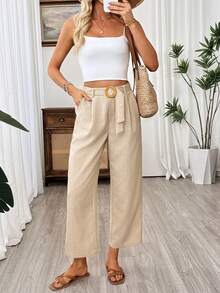 SHEIN Holidaya 女士休闲亚麻质感收腰直筒裤，春夏款 - 卡其色 - 查看 6