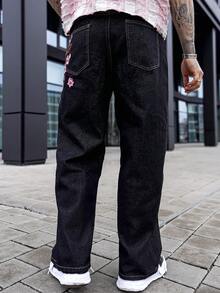 Artur Kramer Men's Street Fashion Casual Plaid Embroidered Floral Design Straight Leg Wide Leg Jeans Baggy Jeans With Design Valentine's Day Y2k Spring To Summer - Black - View 2