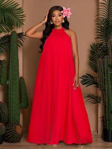 SOLERSUN Rochie lungă de primăvară/vară, lejeră, casual, la modă, culoare solidă, fără mâneci, fără spate, cu nod în talie, linie A, rochie de primăvară/vară, rochie lungă de vacanță la plajă, rochie lungă de vacanță la mare (cu buzunare laterale), vacanță liniștită și luxoasă, demnă, insulă tropicală, stil boem, elegantă și lejeră, potrivită pentru Ziua Sfântului Patrick, Paște, festivaluri de muzică, potrivită pentru ținute de primăvară și vară. - roșu - Vizualizare 4