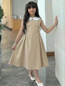 SHEIN Tween Girl Fashionable & Elegant Khaki Dress With White Peter Pan Collar Sleeveless Cinched Waist A-Line Midi Dress Tween Girls Casual Chic Commuter Elegant Khaki Dress - Khaki - View 2