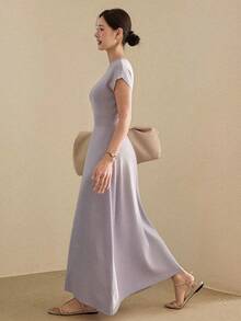 Dazy-Less Vestido de punto elegante para mujer, primavera/verano, unicolor, con cintura definida, estilo commuter - Morado - Ver 5