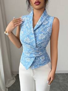 Elenzga 女士轻薄无袖裹身衬衫，提花面料，优雅休闲，适合夏季外出、约会、新年、情人节、复活节、母亲节、音乐节、中东婚礼、通勤、浪漫假期等场合，浅蓝色 - 淺藍色 - 查看 6