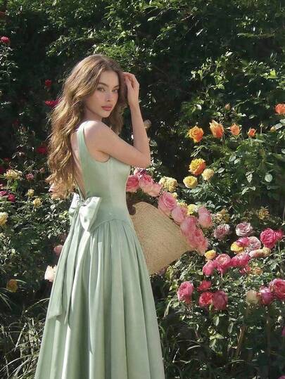 SHEIN MOD Vestido de verano de longitud media, sin mangas, con lazo decorativo y espalda descubierta, de unicolor y elegante para mujer