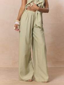 MUSERA Pantalón ancho con cintura elástica y pierna fluida, solo Bottom, lindo conjunto primaveral de vacaciones, estilo dulce y casual de azúcar y sal para el verano - Caqui - Ver 2