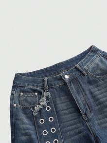 ROMWE Grunge Punk Punk Metal Rivet Studded Cross Embroidered Loose Wide-Leg Jeans - Blue - View 3