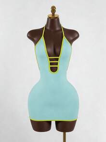 SaltGleam SaltGleam 女士撞色滚边深V领性感迷你连衣裙 - 藍色 - 查看 3