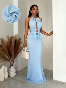 BamGleam Conjunto de 2 piezas con falda maxi con cintura anudada y cuello halter para mujer - Azul - Ver 2