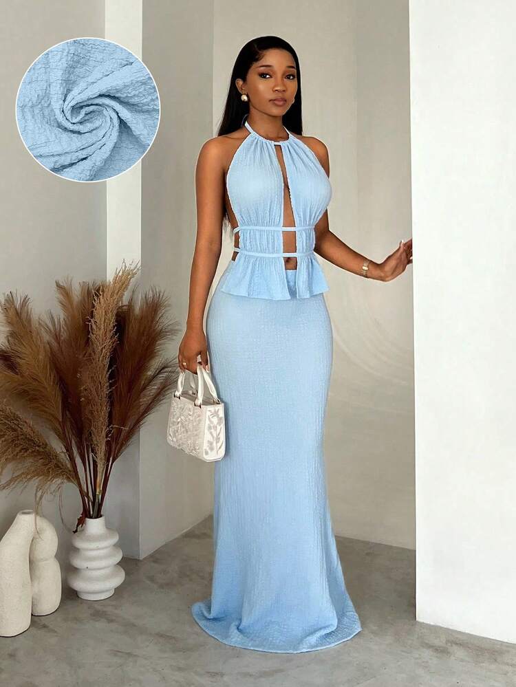 BamGleam 女士吊带系腰长裙两件套 - 藍色 - 查看 2