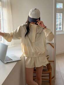 DAZY 2pcs Women Stand Collar Hooded Jacket And High Waist Casual Shorts Set - Apricot - View 7